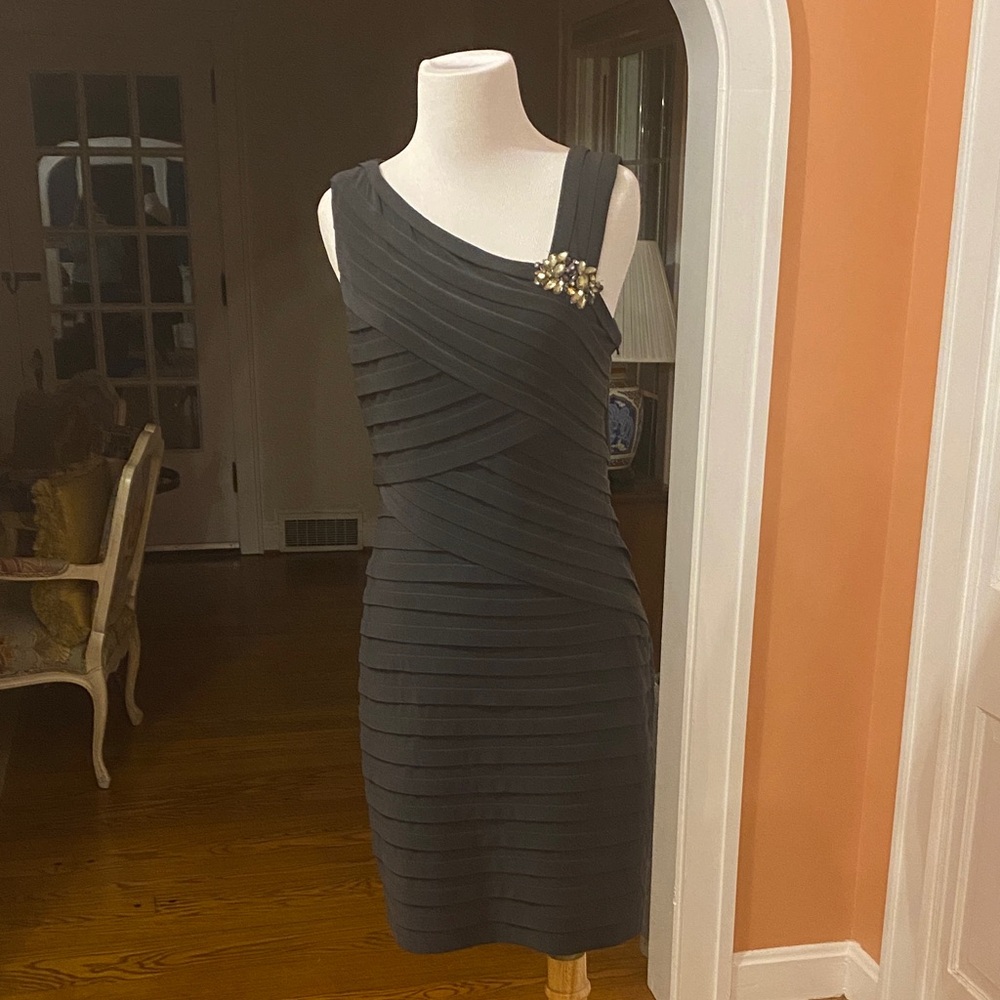 Xscape Petite Charcoal Gray Dress with Embellishment Broach